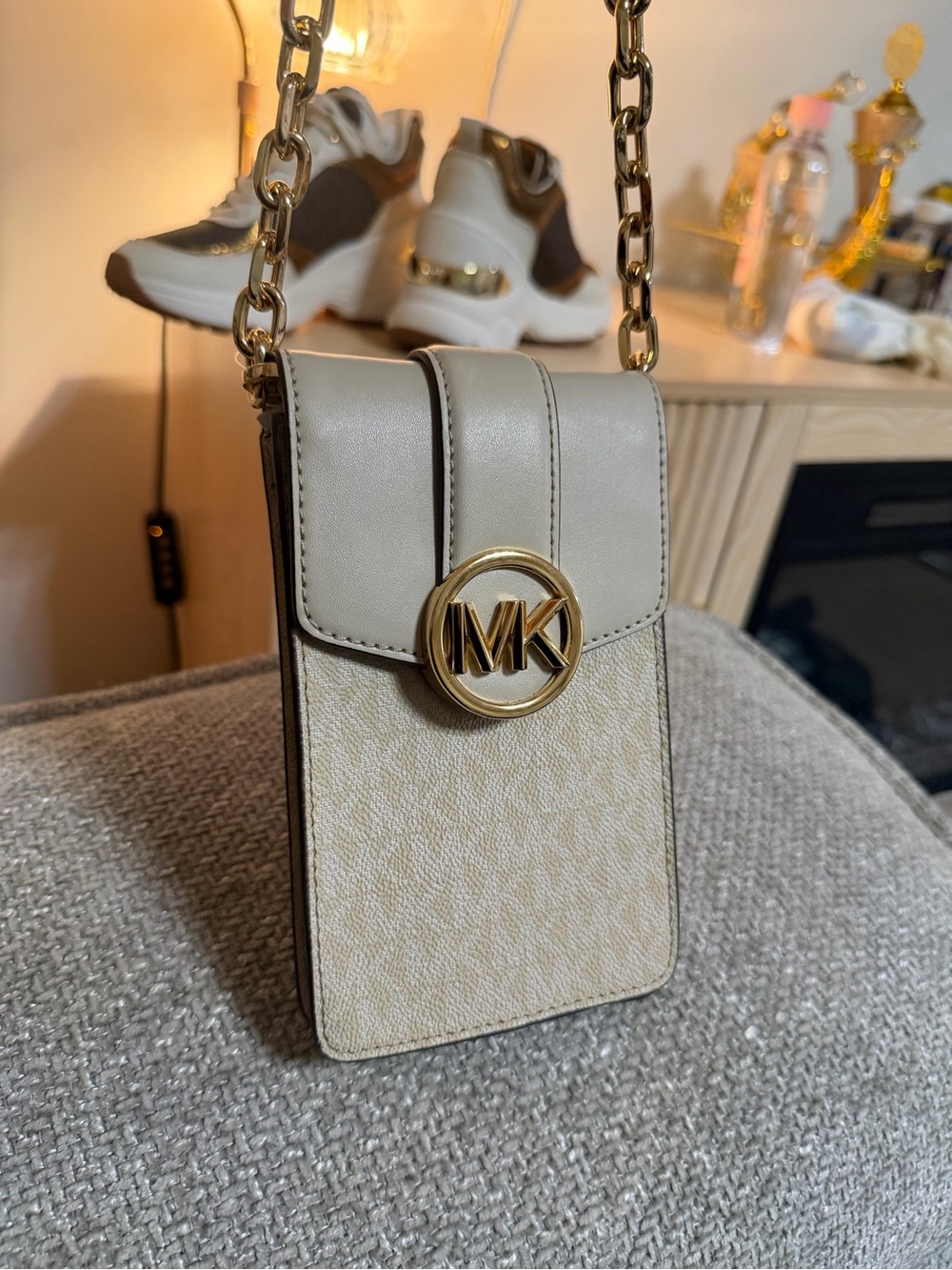 Michael Kors Cream and Beige MK Logo Crossbody Phone Bag